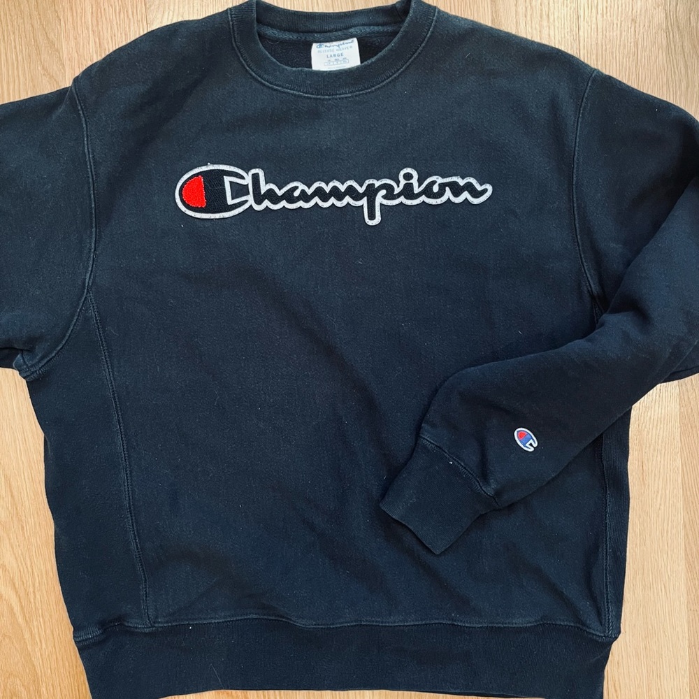 Vintage 90’s Champion Brand Logo Reverse Weave Crewneck Sweatshirt Black Size L